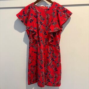 Draper James Dress Small Red Floral Flutter Sleeve Fit & Flare Ruffle Preppy